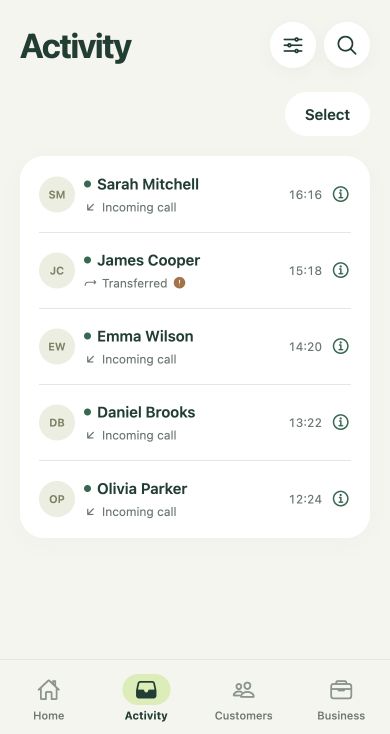 Monty Activity screen listing incoming and transferred calls from example customers.