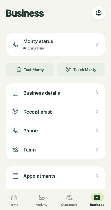 Monty Business screen with receptionist status and business, phone and team settings.