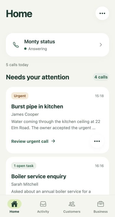 Monty Home screen with receptionist status, urgent calls and open tasks.