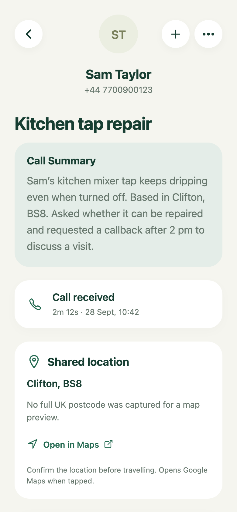 Monty call-detail screen showing Sam Taylor’s kitchen tap repair summary and shared location.